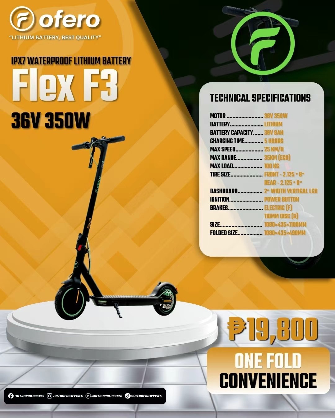Ofero Flex F3 foldable electric scooter Philippines price poster showing 36V 350W motor and one fold convenience