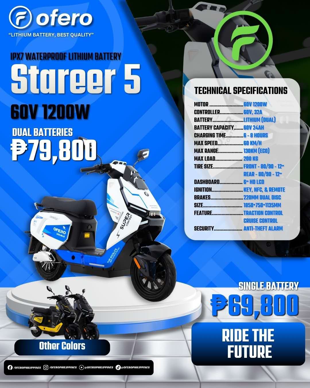Ofero Stareer 5 blue electric scooter Philippines price poster showing dual batteries 60V 1200W motor and 130 km Eco range