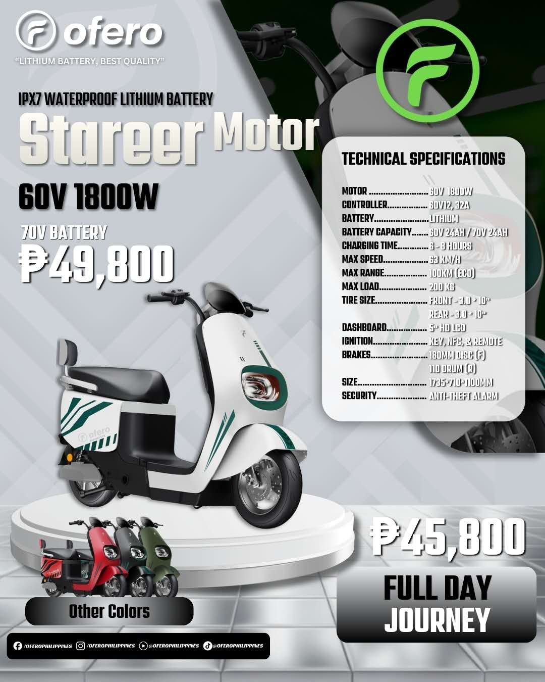 Ofero Stareer Motor white electric scooter Philippines price poster showing 60V 1800W motor and 70V battery